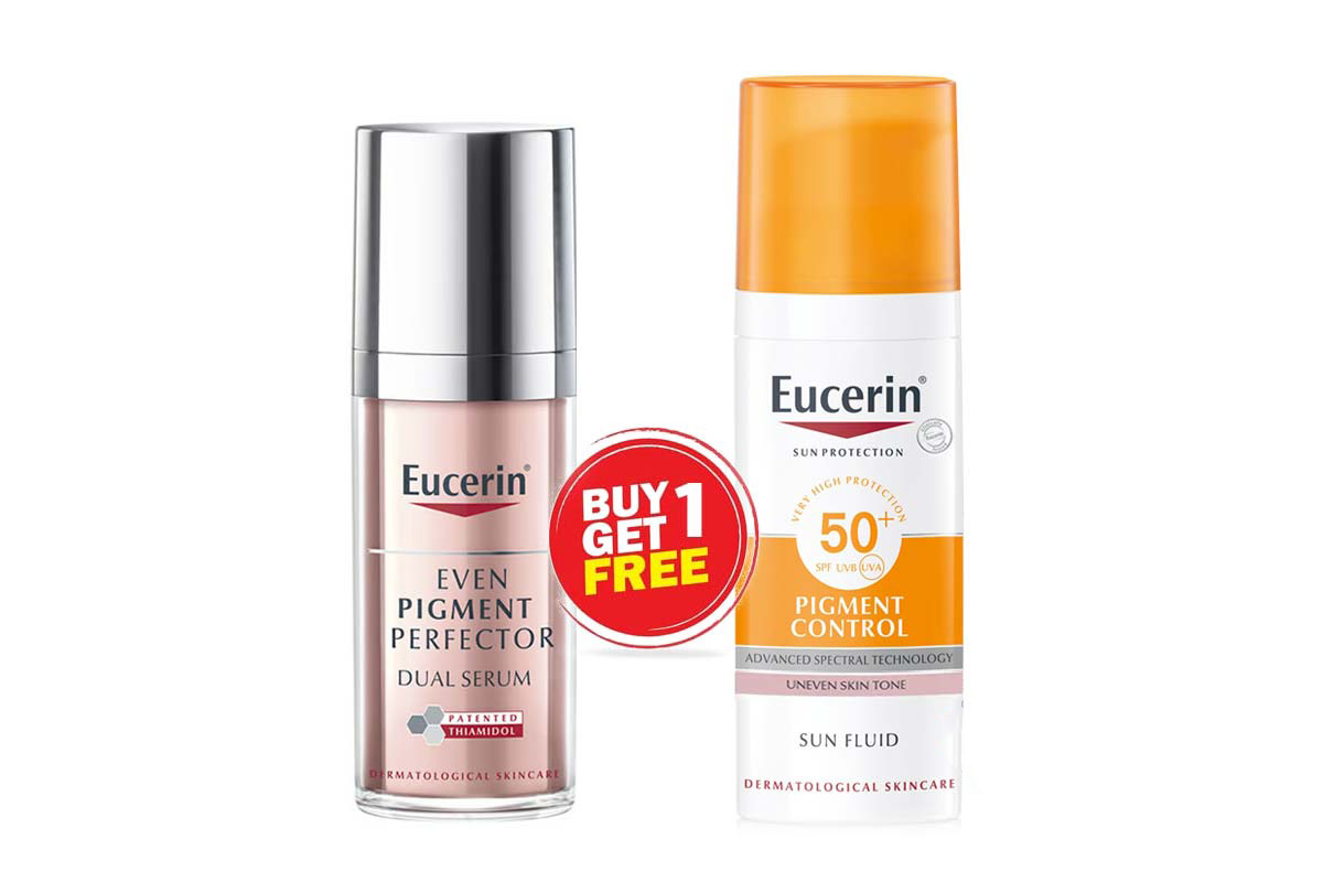 BOX BUY1GET1 EUCERIN PIGMENT PERFECTOR DUAL SERUM 30 ML PLUS PIGMENT CONTROL SUN FLUID SPF50 PLUS 50 ML - Berlin Pharmacy