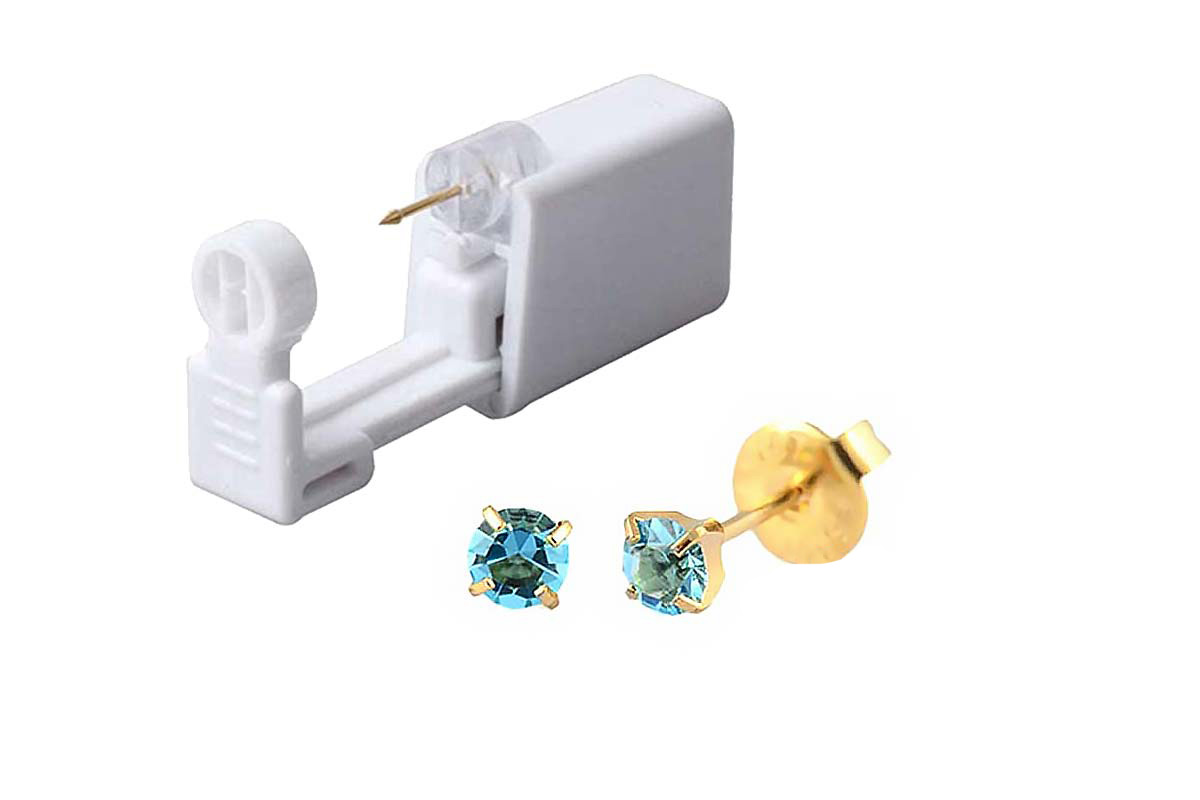 PRIMED EAR PIERCING 32-403 G/P 4MM CRYSTAL MARCH/AQUAMARINE WITH GUN - Berlin Pharmacy