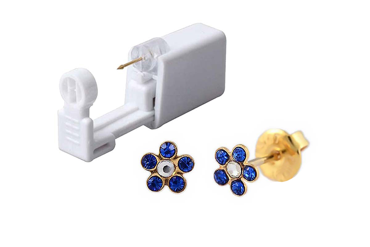 PRIMED EAR PIERCING 52-673 -G/P 6 MM DAISY CRYSTAL CLEAR + SAPPHIRE WITH GUN - Berlin Pharmacy