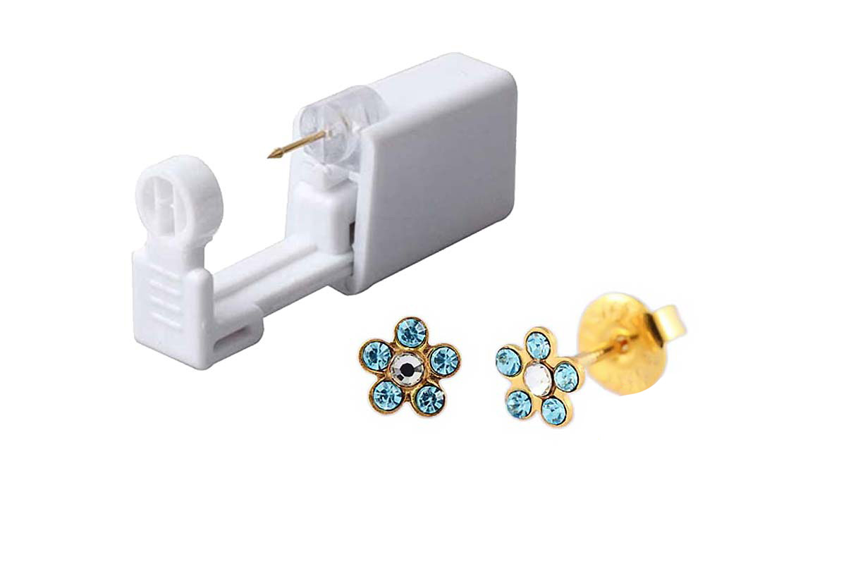 PRIMED EAR PIERCING 52-672 G/P 6MM DAISY CRYSTAL CLEAR+AQUAMARINS WITH GUN - Berlin Pharmacy