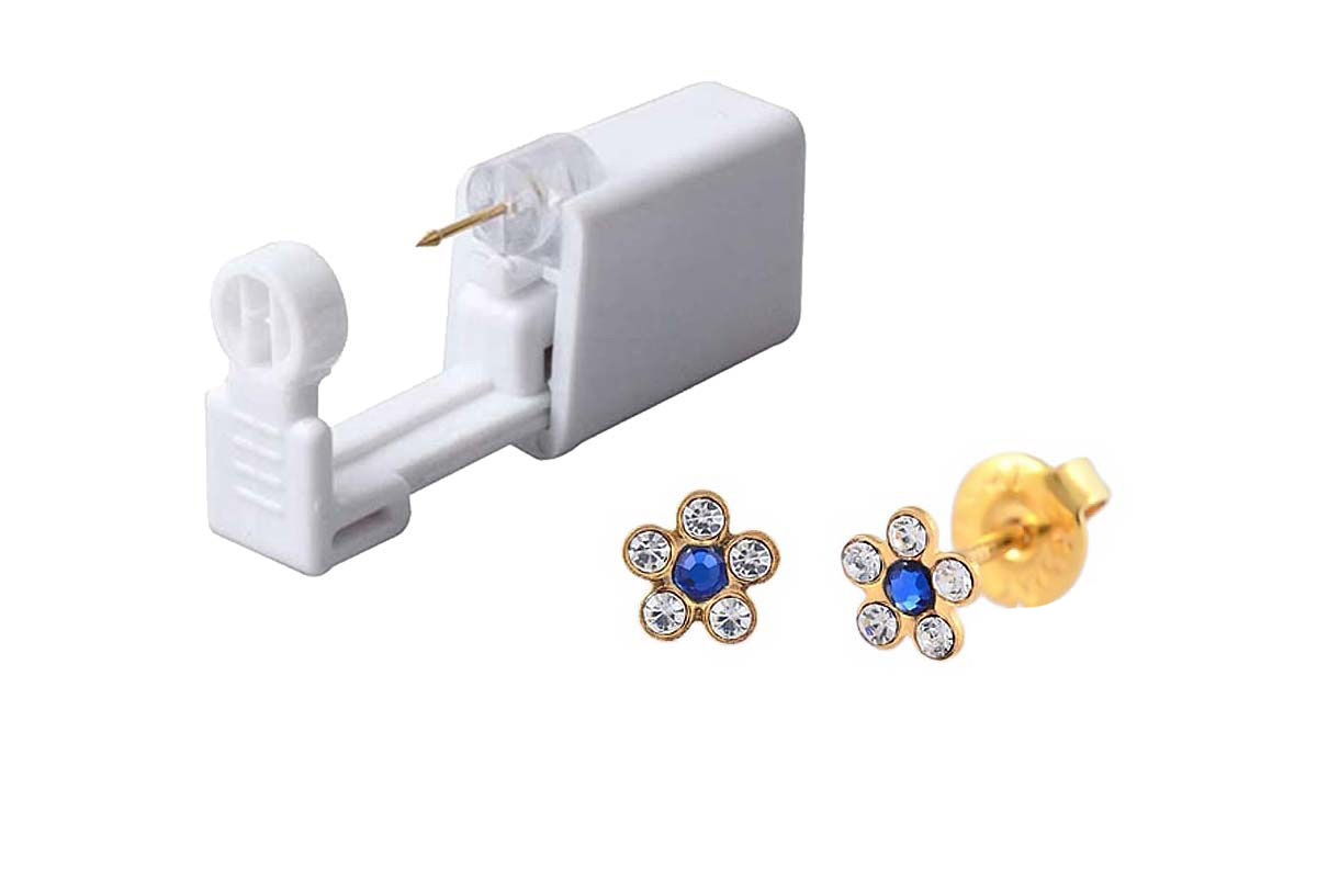 PRIMED EAR PIERCING 52-665 G/P 6MM DAISY SAPPHIRE+CRYSTAL CLEAR WITH GUN - Berlin Pharmacy