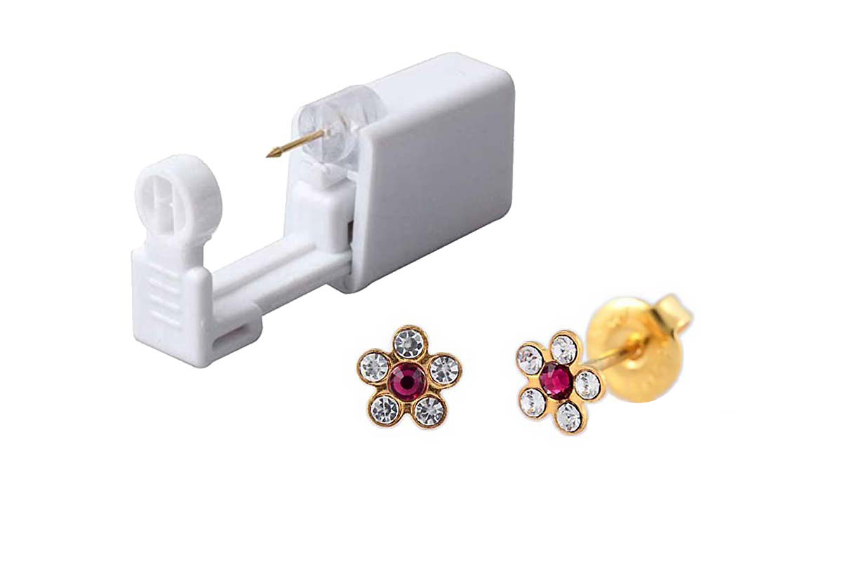 PRIMED EAR PIERCING 52-666 G/P 6 MM DAISY RUBY+CRYSTAL CLEAR WITH GUN - Berlin Pharmacy