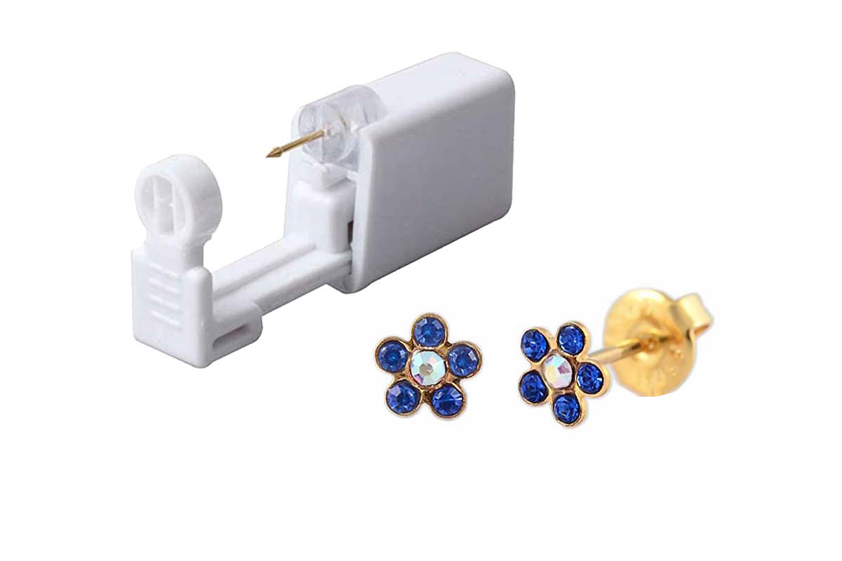 PRIMED EAR PIERCING 52-670 G/P 6MM DAISY CRYSTAL AB+SAPPHIRE WITH GUN - Berlin Pharmacy