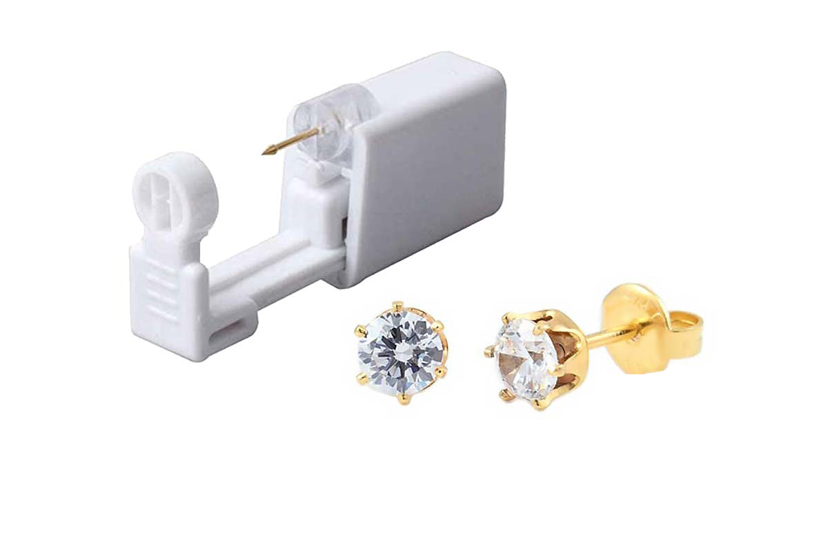 PRIMED EAR PIERCING 62-504 G/P 5MM CZ CLEAR WITH GUN - Berlin Pharmacy