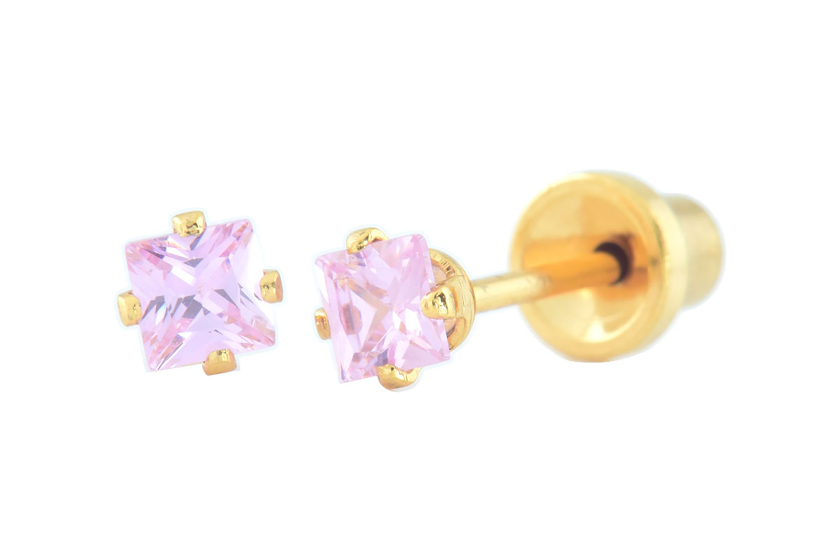 PRIMED EAR PIERCING Q8-043 G/P3.3MM SQUARE CZ PINK - Berlin Pharmacy