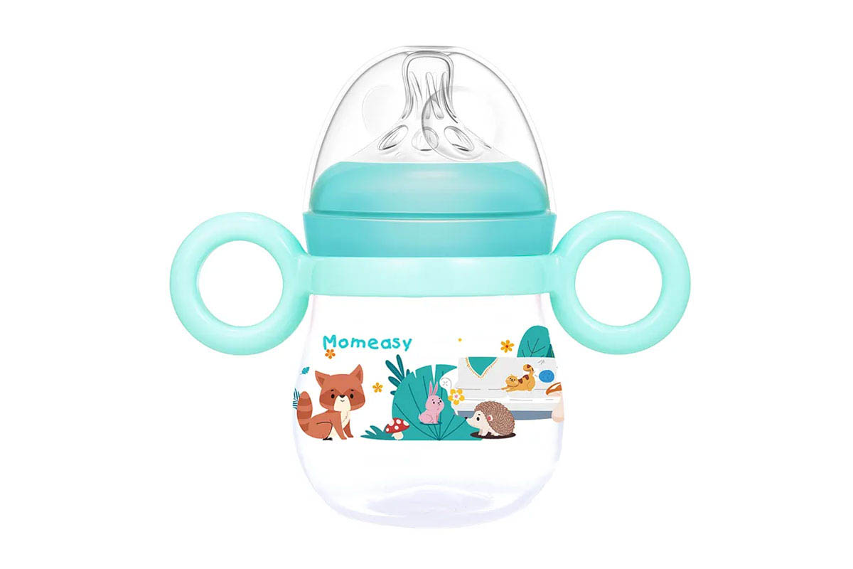 MOMEASY WIDE NECK FEEDING PLASTIC BOTTLE FROM 3 MONTHS COLOR BLUE GREEN 210 ML - Berlin Pharmacy