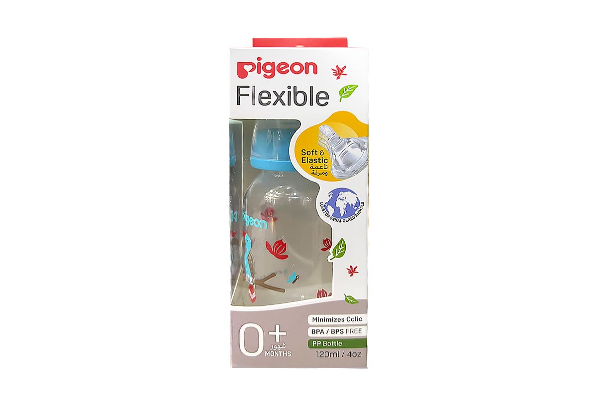 PIGEON FLEXIBLE PLASTIC BOTTLE SOFT AND ELASTIC 0 PLUS MONTHS BLUE 120 ML - Berlin Pharmacy