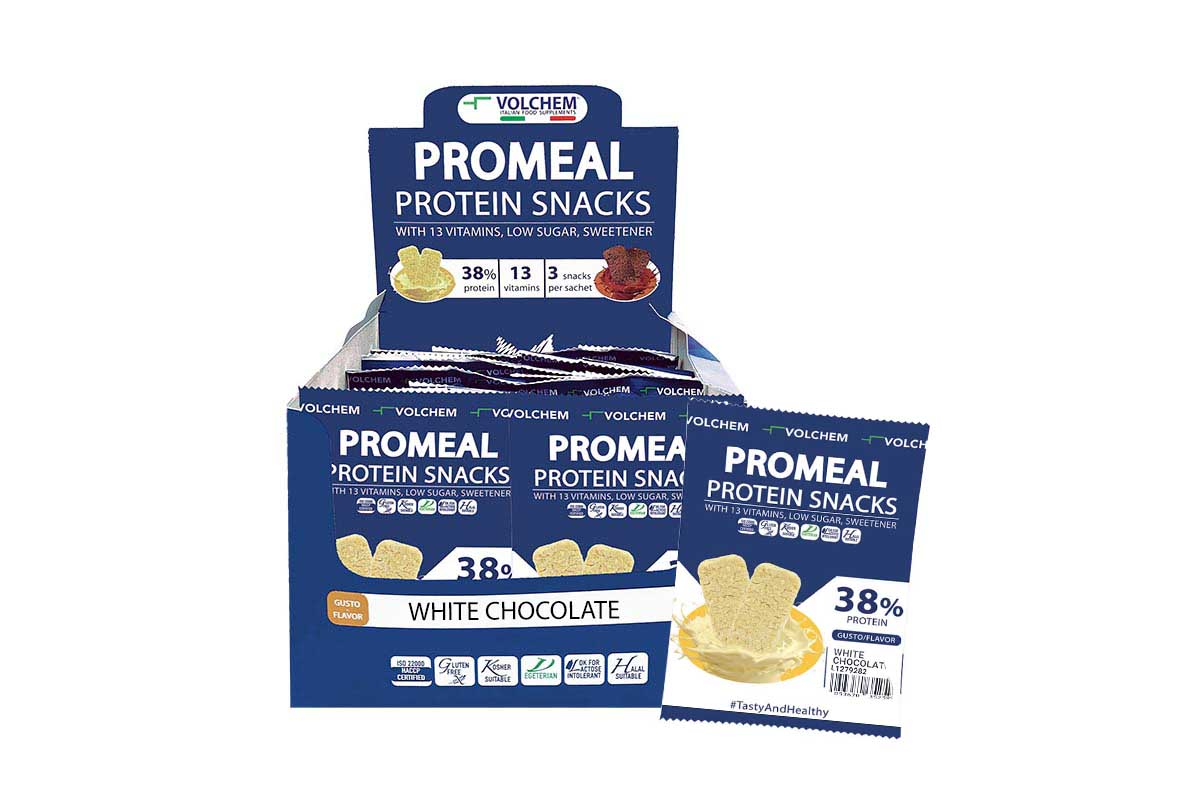 BOX VOLCHEM PROMEAL XL PROTEIN SNACKS WHITE CHOCOLATE 37.5 GM × 16 PIECE - Berlin Pharmacy