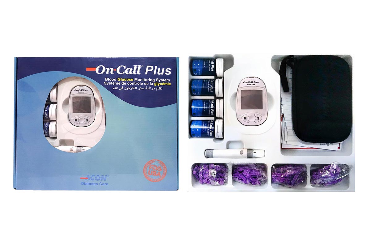 BOX OFFER ON CALL PLUS BLOOD GLUCOSE MONITOR PLUS 100 STRIPS PLUS 100 LANCER PLUS 100 ALCOHOL - Berlin Pharmacy