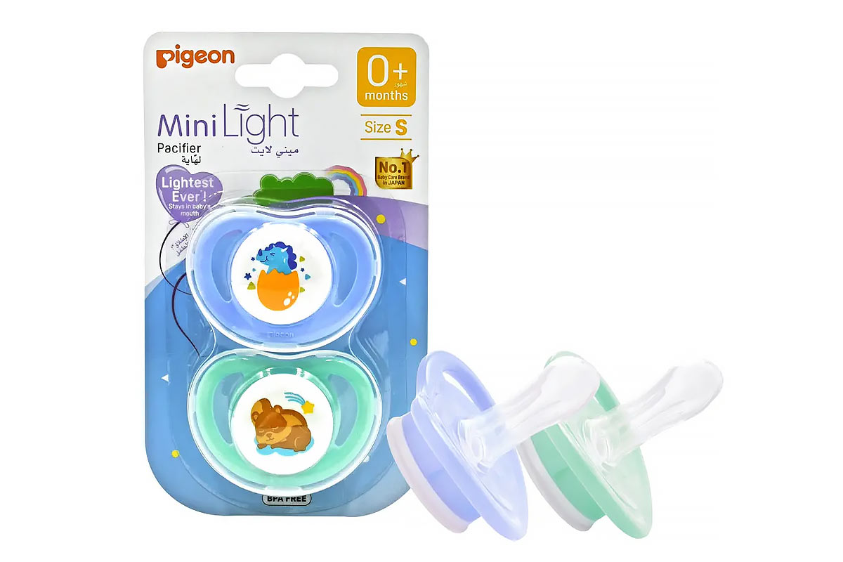 PIGEON PACIFIER TWIN MINI LIGHT 0 PLUS MONTHS COLOR LIGHT BLUE AND MINT SIZE S 2 PCS - Berlin Pharmacy
