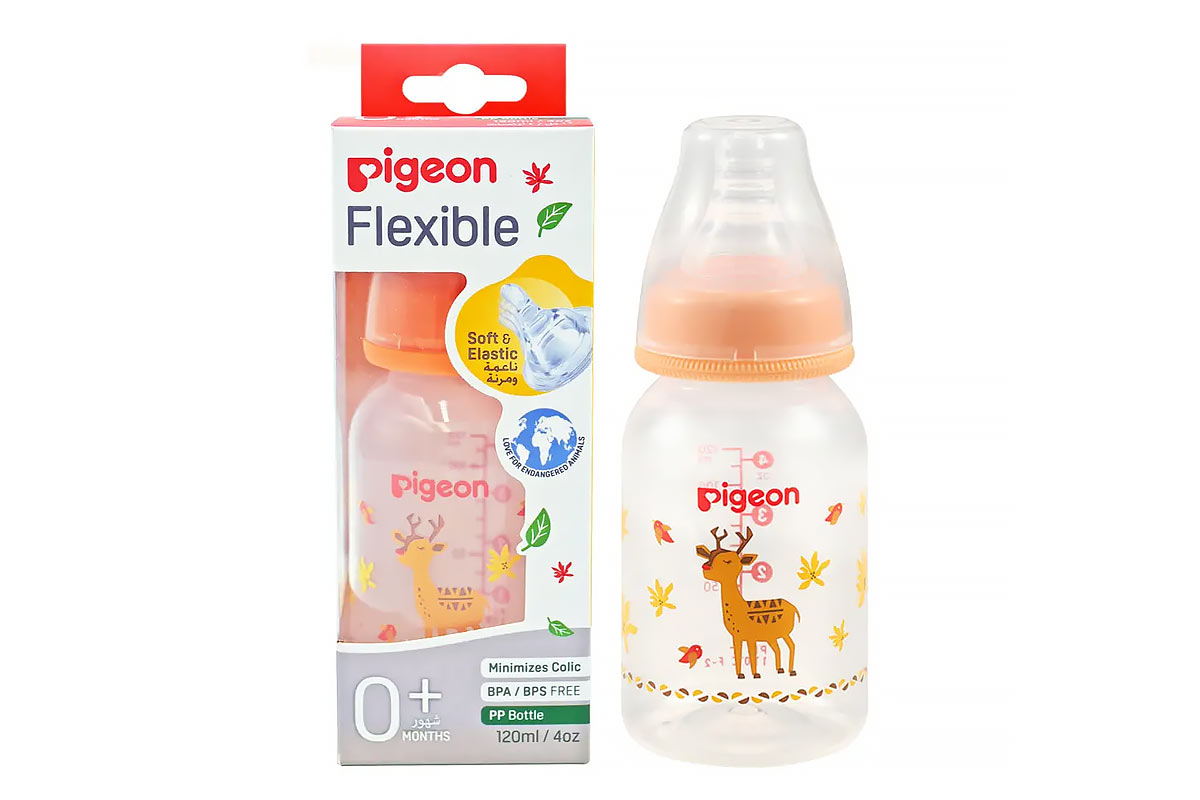 PIGEON FLEXIBLE PLASTIC BOTTLE SOFT AND ELASTIC 0 PLUS MONTH COLOR ORANGE 120 ML - Berlin Pharmacy